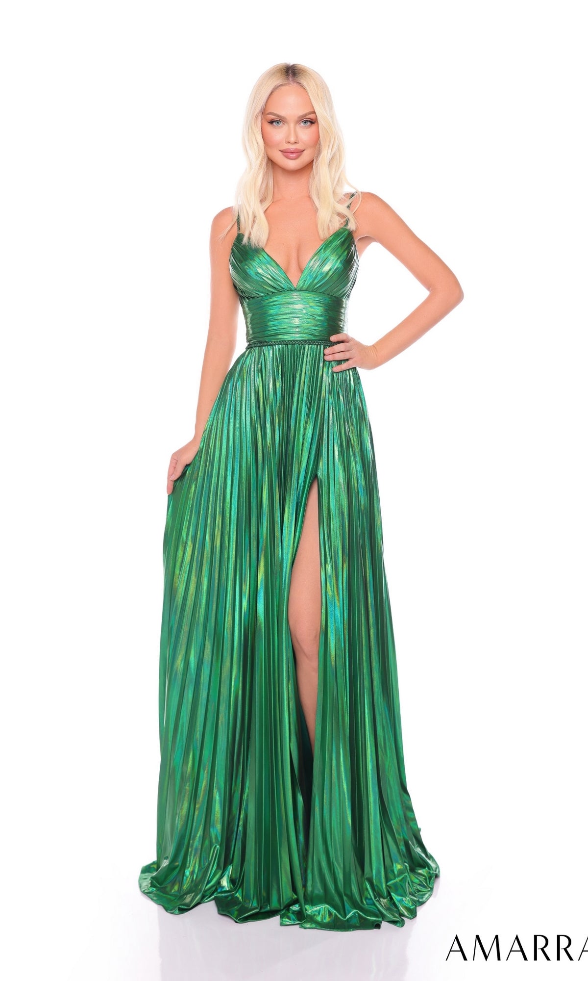 A woman wears the Long Formal Dress 88096 by Amarra in metallic green, featuring a sleeveless design, deep V-neckline, pleated A-line skirt with high slit, and fitted bodice, standing against a white background.